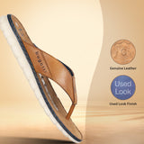 A cognac Men's bugatti Thongs featuring a round open toe, zero heels heel. Made from premium genuine leather with a durable synthetic outsole, this slip-on design offers both style and comfort.