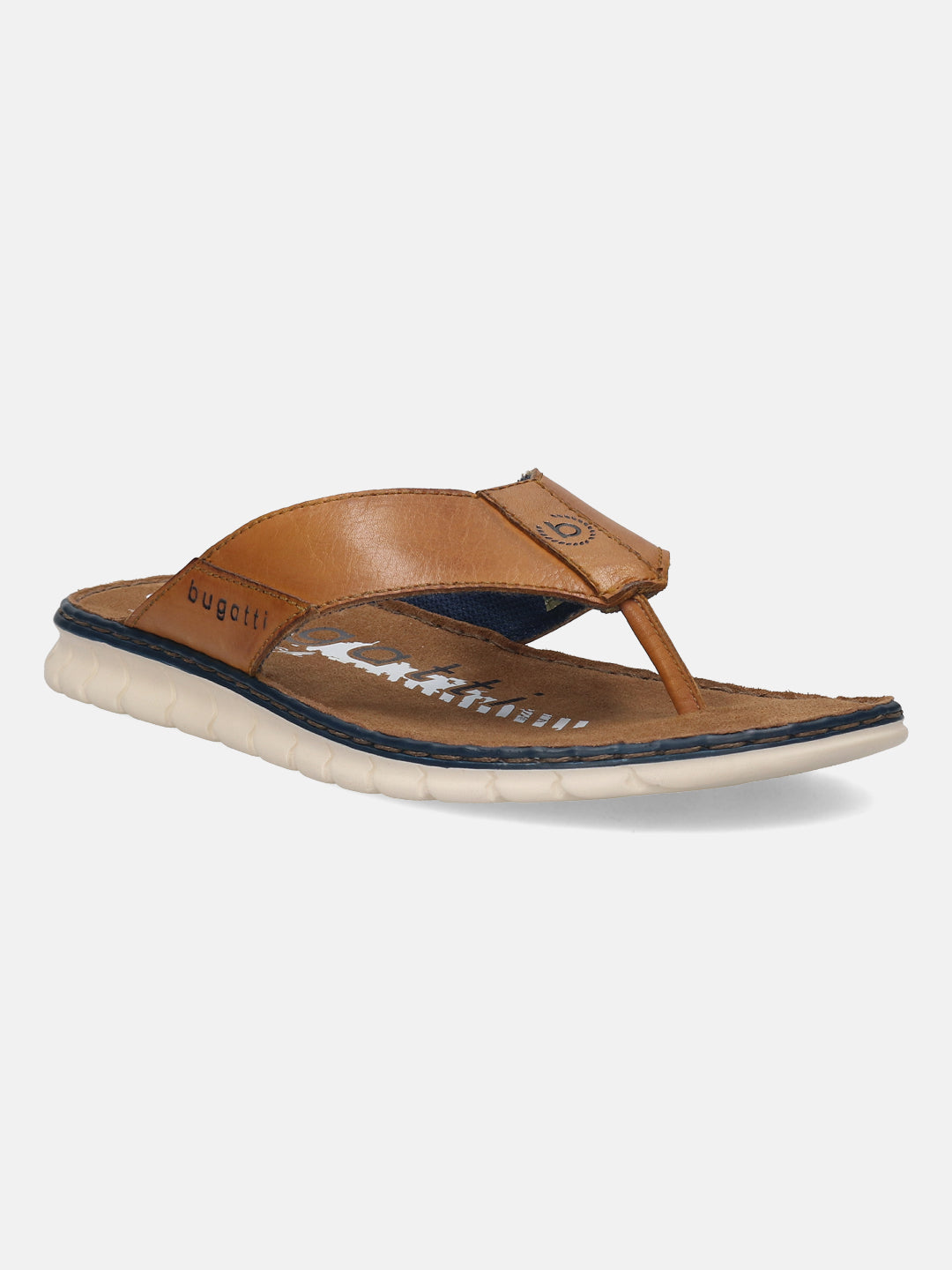 A cognac Men's bugatti Thongs featuring a round open toe, zero heels heel. Made from premium genuine leather with a durable synthetic outsole, this slip-on design offers both style and comfort.