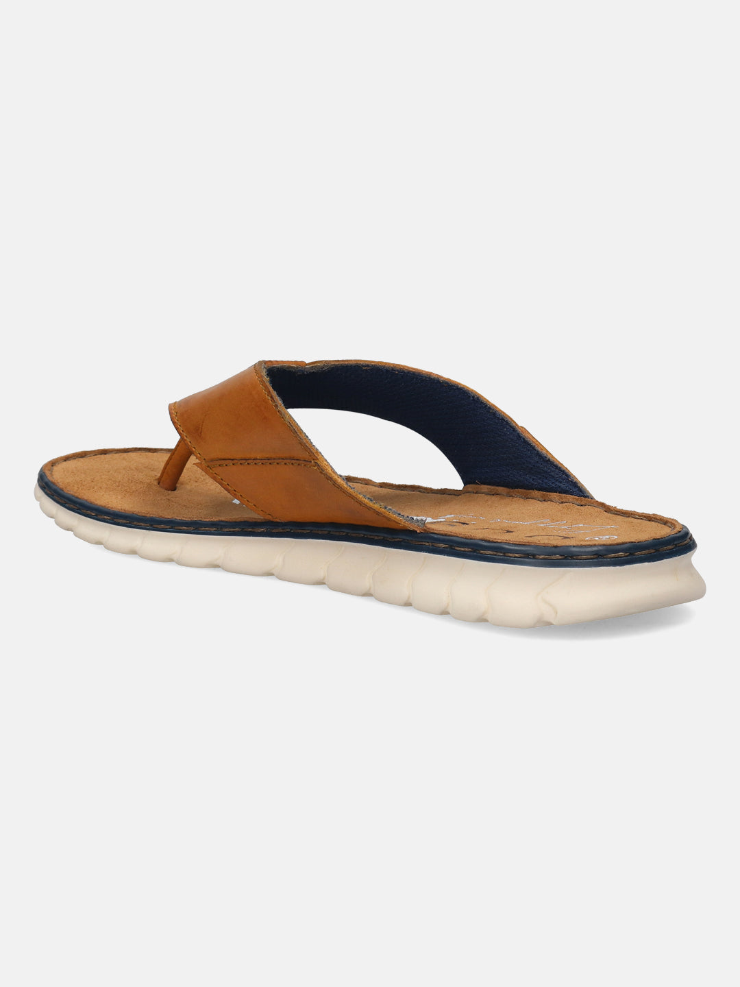 A cognac Men's bugatti Thongs featuring a round open toe, zero heels heel. Made from premium genuine leather with a durable synthetic outsole, this slip-on design offers both style and comfort.