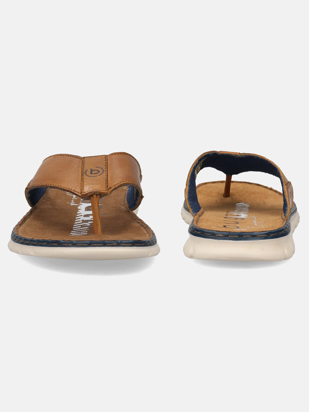 A cognac Men's bugatti Thongs featuring a round open toe, zero heels heel. Made from premium genuine leather with a durable synthetic outsole, this slip-on design offers both style and comfort.