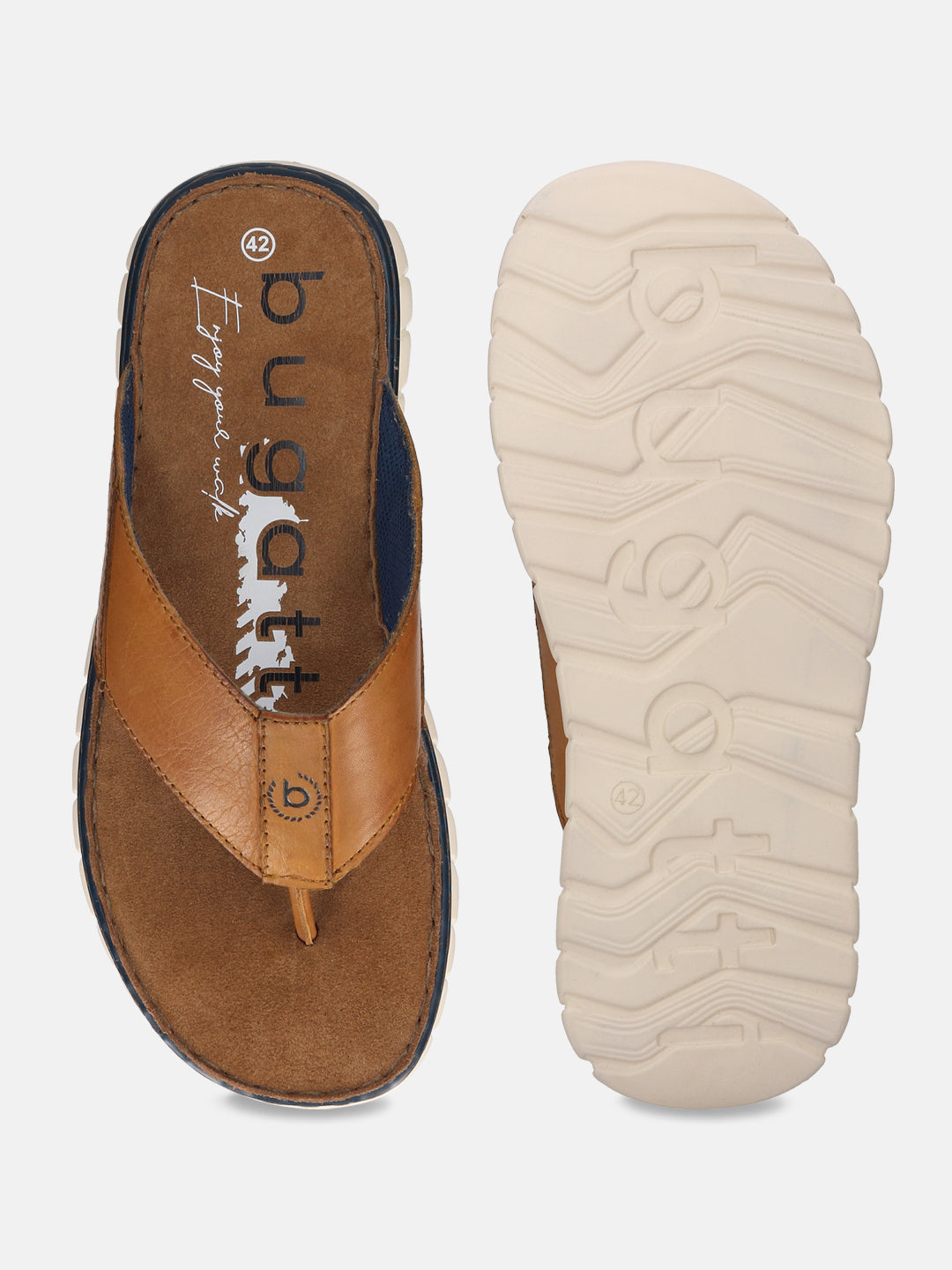 A cognac Men's bugatti Thongs featuring a round open toe, zero heels heel. Made from premium genuine leather with a durable synthetic outsole, this slip-on design offers both style and comfort.
