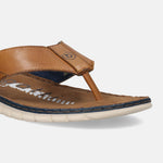 A cognac Men's bugatti Thongs featuring a round open toe, zero heels heel. Made from premium genuine leather with a durable synthetic outsole, this slip-on design offers both style and comfort.