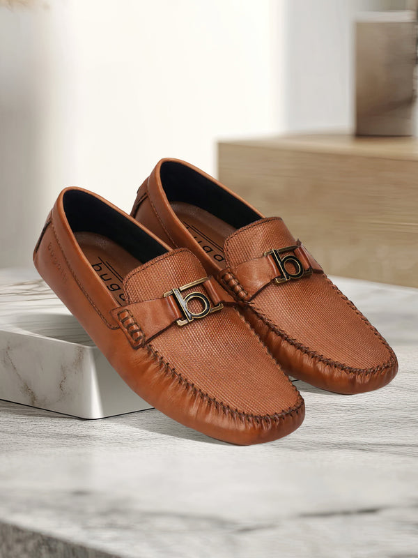 A cognac Men's bugatti Drivers featuring a square toe apron toe, zero heels heel. Made from premium genuine leather with a durable rubber outsole, this slip-on design offers both style and comfort.