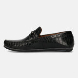 A black Men's bugatti Casual Loafers featuring a square toe apron toe, zero heels heel. Made from patent leather with a durable tr outsole, this slip-on design offers both style and comfort.