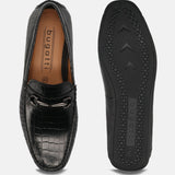 A black Men's bugatti Casual Loafers featuring a square toe apron toe, zero heels heel. Made from patent leather with a durable tr outsole, this slip-on design offers both style and comfort.