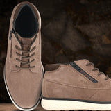 A taupe Men's bugatti Sneakers featuring a round toe plain toe, zero heels heel, and a wide fit. Made from premium genuine leather with a durable tpr outsole, this zipper design offers both style and comfort.