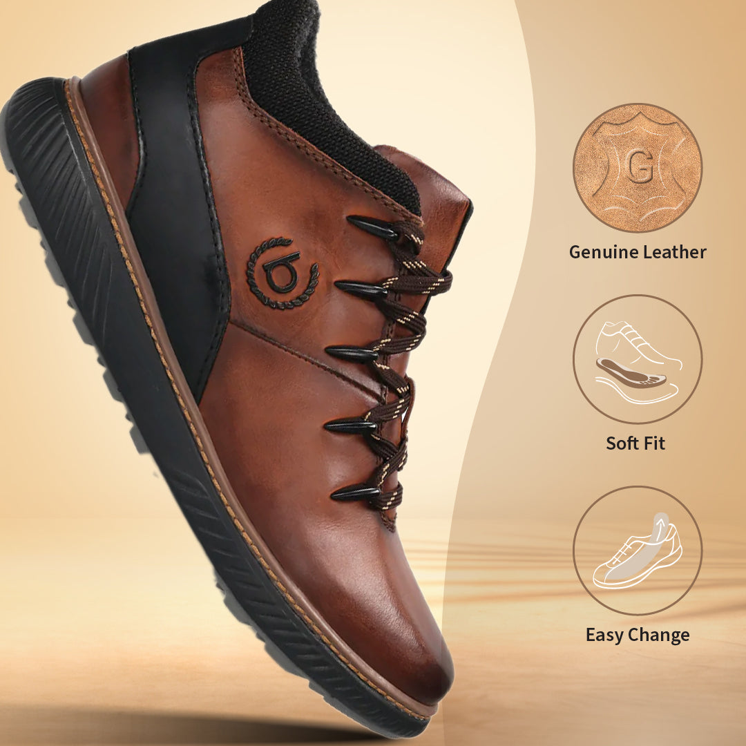 A brown Men's bugatti Sneakers featuring a round toe plain toe, zero heels heel, and a wide fit. Made from premium genuine leather with a durable tpr outsole, this zipper design offers both style and comfort.