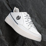 A white Men's bugatti Sneakers featuring a round plain toe, zero heels heel, and a wide fit. Made from premium genuine leather with a durable tpr outsole, this laces design offers both style and comfort.