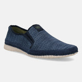 A blue Men's bugatti Casual Loafers featuring a round plain toe, zero heels heel. Made from textile with a durable sebs (block copolymer) outsole, this slip-on design offers both style and comfort.