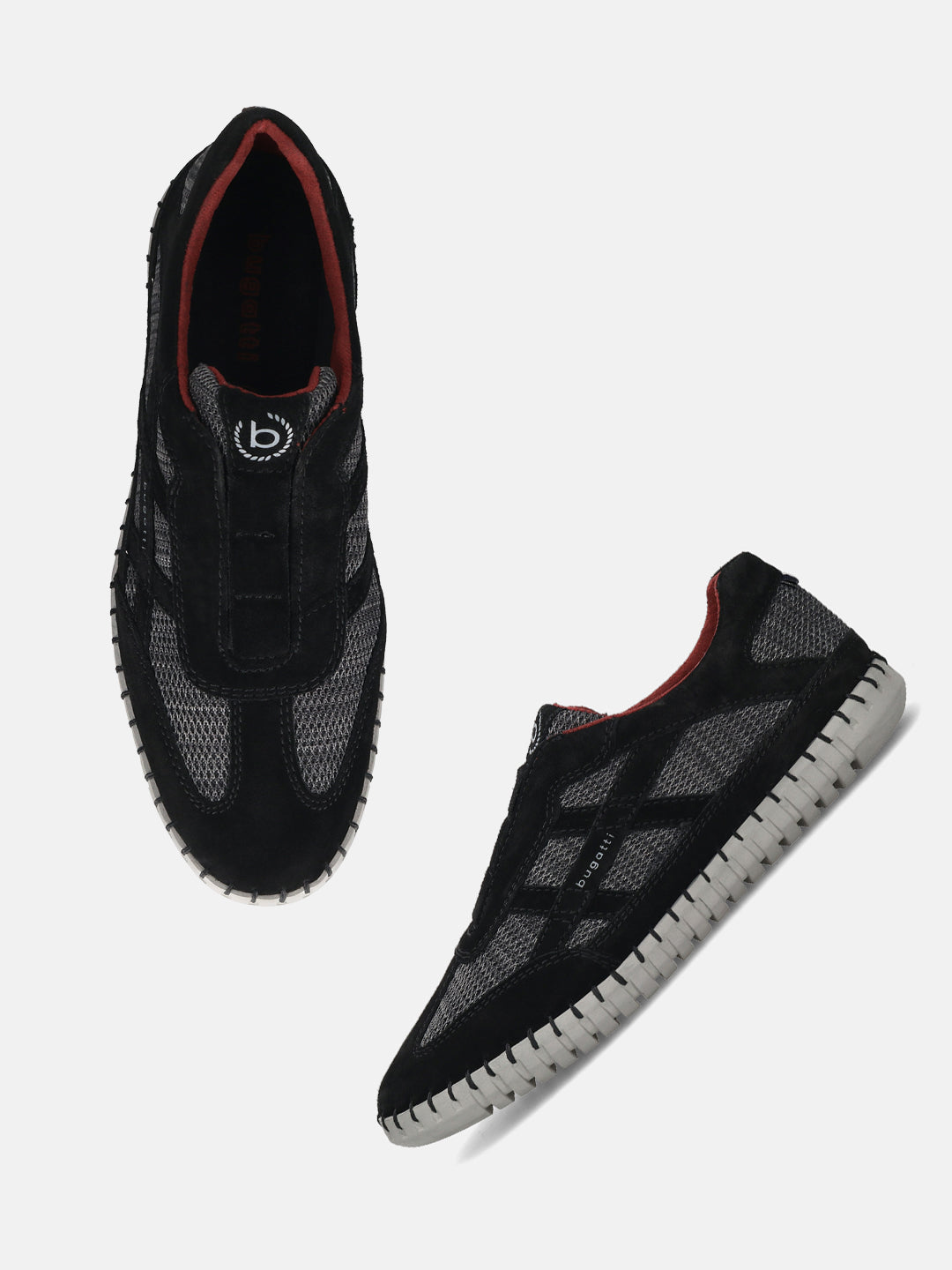 Men's Bugatti stitched black leather shoes with a round toe , a rubber outsole , and laces fastening.