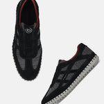 Men's Bugatti stitched black leather shoes with a round toe , a rubber outsole , and laces fastening.