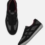 Men's Bugatti stitched black leather shoes with a round toe , a rubber outsole , and laces fastening.