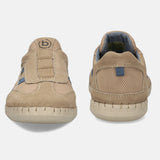A beige Men's bugatti Slip-On Sneakers featuring a round plain toe, zero heels heel. Made from suede leather with a durable rubber outsole, this slip-on design offers both style and comfort.