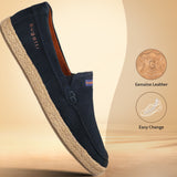 A blue Men's bugatti Casual Loafers featuring a round toe apron toe, zero heels heel. Made from premium genuine leather with a durable tpr outsole, this slip-on design offers both style and comfort.