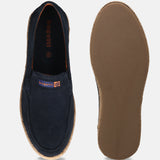 A blue Men's bugatti Casual Loafers featuring a round toe apron toe, zero heels heel. Made from premium genuine leather with a durable tpr outsole, this slip-on design offers both style and comfort.