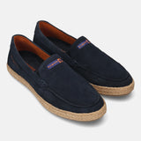 A blue Men's bugatti Casual Loafers featuring a round toe apron toe, zero heels heel. Made from premium genuine leather with a durable tpr outsole, this slip-on design offers both style and comfort.