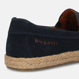 A blue Men's bugatti Casual Loafers featuring a round toe apron toe, zero heels heel. Made from premium genuine leather with a durable tpr outsole, this slip-on design offers both style and comfort.