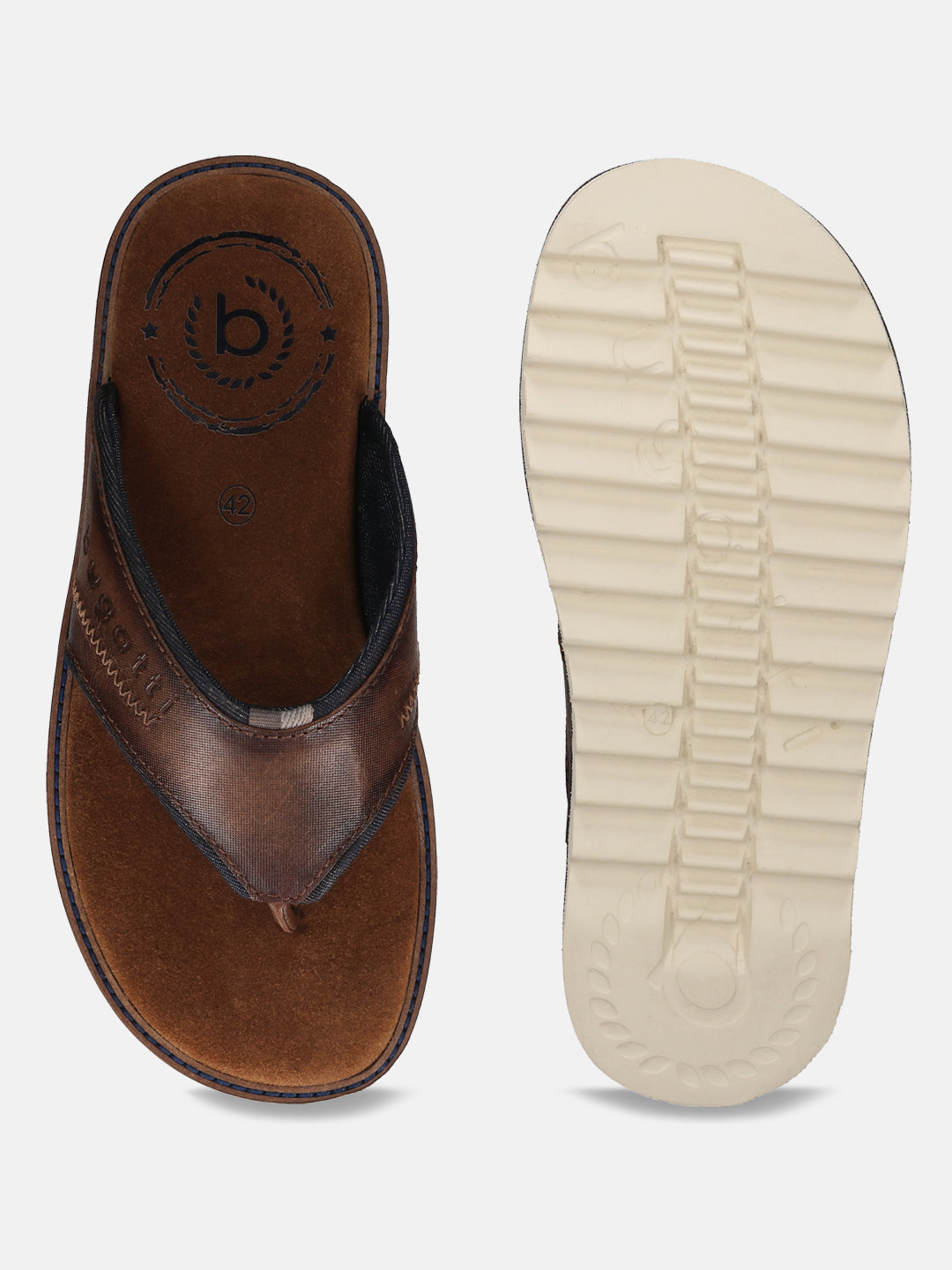A cognac Men's bugatti Thongs featuring a open toe plain toe, zero heels heel. Made from premium genuine leather with a durable eva outsole, this slip-on design offers both style and comfort.