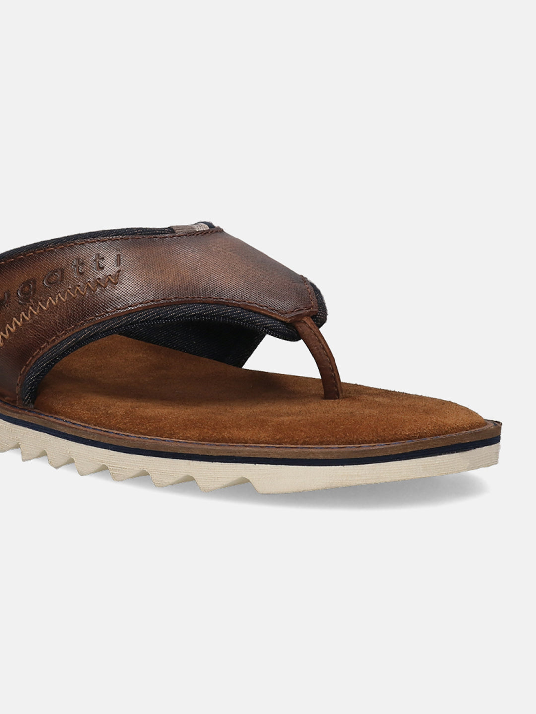 A cognac Men's bugatti Thongs featuring a open toe plain toe, zero heels heel. Made from premium genuine leather with a durable eva outsole, this slip-on design offers both style and comfort.