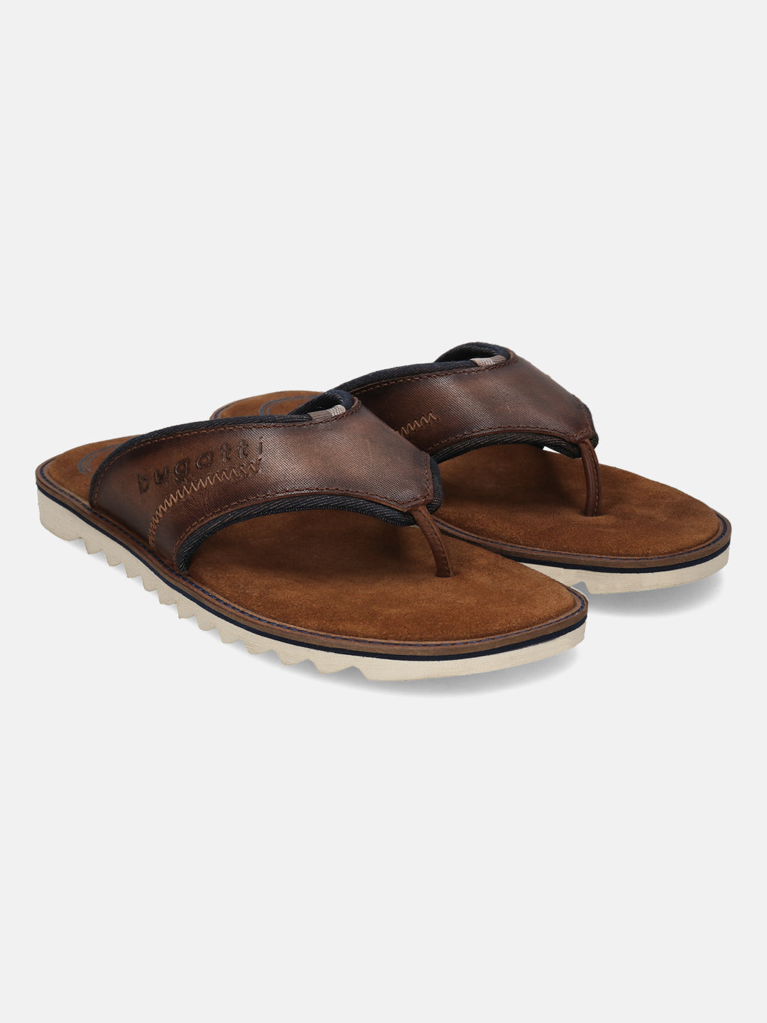 A cognac Men's bugatti Thongs featuring a open toe plain toe, zero heels heel. Made from premium genuine leather with a durable eva outsole, this slip-on design offers both style and comfort.