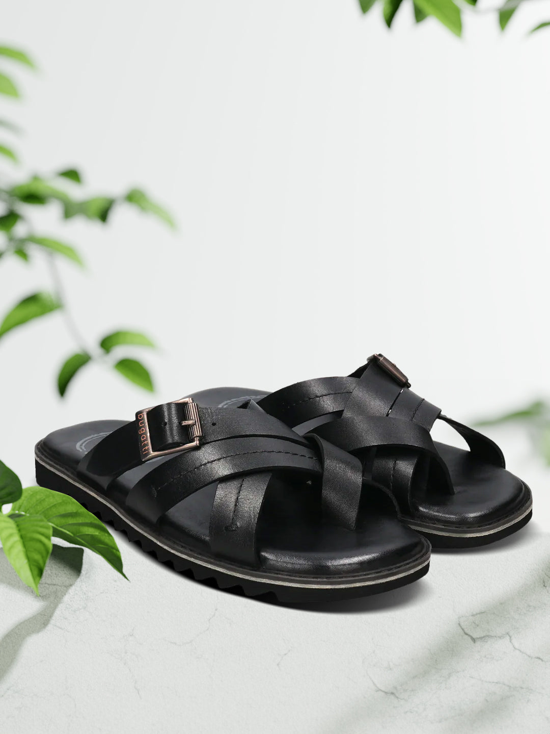 A black Men's bugatti Cross Strap Sandals featuring a open toe plain toe, zero heels heel, and a wide fit. Made from premium genuine leather with a durable eva outsole, this slip-on design offers both style and comfort.