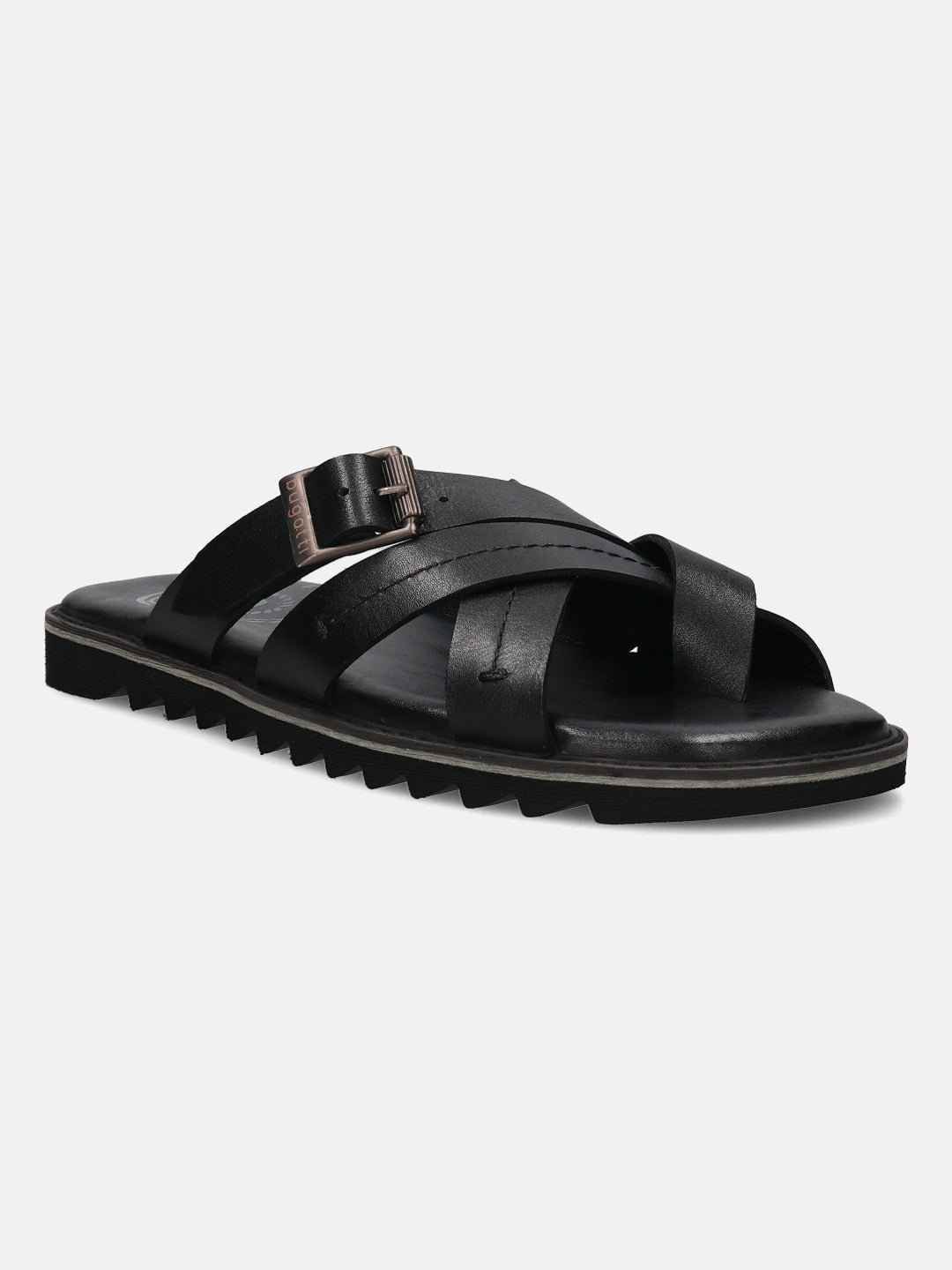 A black Men's bugatti Cross Strap Sandals featuring a open toe plain toe, zero heels heel, and a wide fit. Made from premium genuine leather with a durable eva outsole, this slip-on design offers both style and comfort.