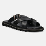 A black Men's bugatti Cross Strap Sandals featuring a open toe plain toe, zero heels heel, and a wide fit. Made from premium genuine leather with a durable eva outsole, this slip-on design offers both style and comfort.