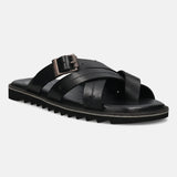 A black Men's bugatti Cross Strap Sandals featuring a open toe plain toe, zero heels heel, and a wide fit. Made from premium genuine leather with a durable eva outsole, this slip-on design offers both style and comfort.