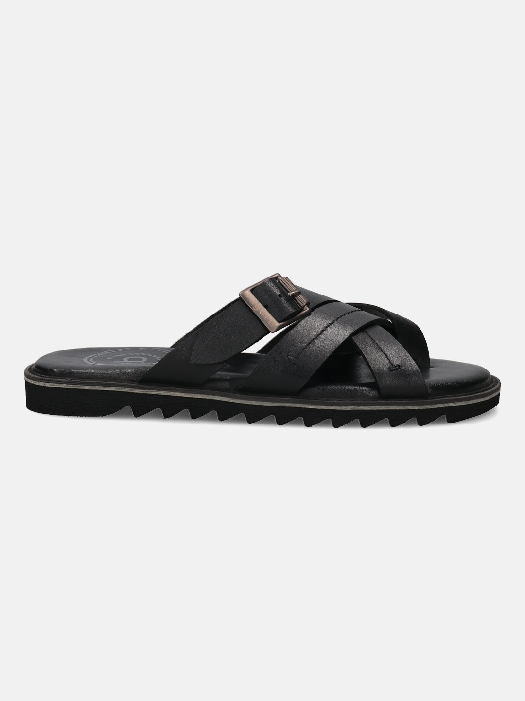 A black Men's bugatti Cross Strap Sandals featuring a open toe plain toe, zero heels heel, and a wide fit. Made from premium genuine leather with a durable eva outsole, this slip-on design offers both style and comfort.