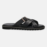 A black Men's bugatti Cross Strap Sandals featuring a open toe plain toe, zero heels heel, and a wide fit. Made from premium genuine leather with a durable eva outsole, this slip-on design offers both style and comfort.