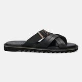 A black Men's bugatti Cross Strap Sandals featuring a open toe plain toe, zero heels heel, and a wide fit. Made from premium genuine leather with a durable eva outsole, this slip-on design offers both style and comfort.