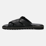 A black Men's bugatti Cross Strap Sandals featuring a open toe plain toe, zero heels heel, and a wide fit. Made from premium genuine leather with a durable eva outsole, this slip-on design offers both style and comfort.