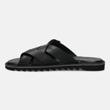 A black Men's bugatti Cross Strap Sandals featuring a open toe plain toe, zero heels heel, and a wide fit. Made from premium genuine leather with a durable eva outsole, this slip-on design offers both style and comfort.