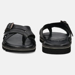 A black Men's bugatti Cross Strap Sandals featuring a open toe plain toe, zero heels heel, and a wide fit. Made from premium genuine leather with a durable eva outsole, this slip-on design offers both style and comfort.
