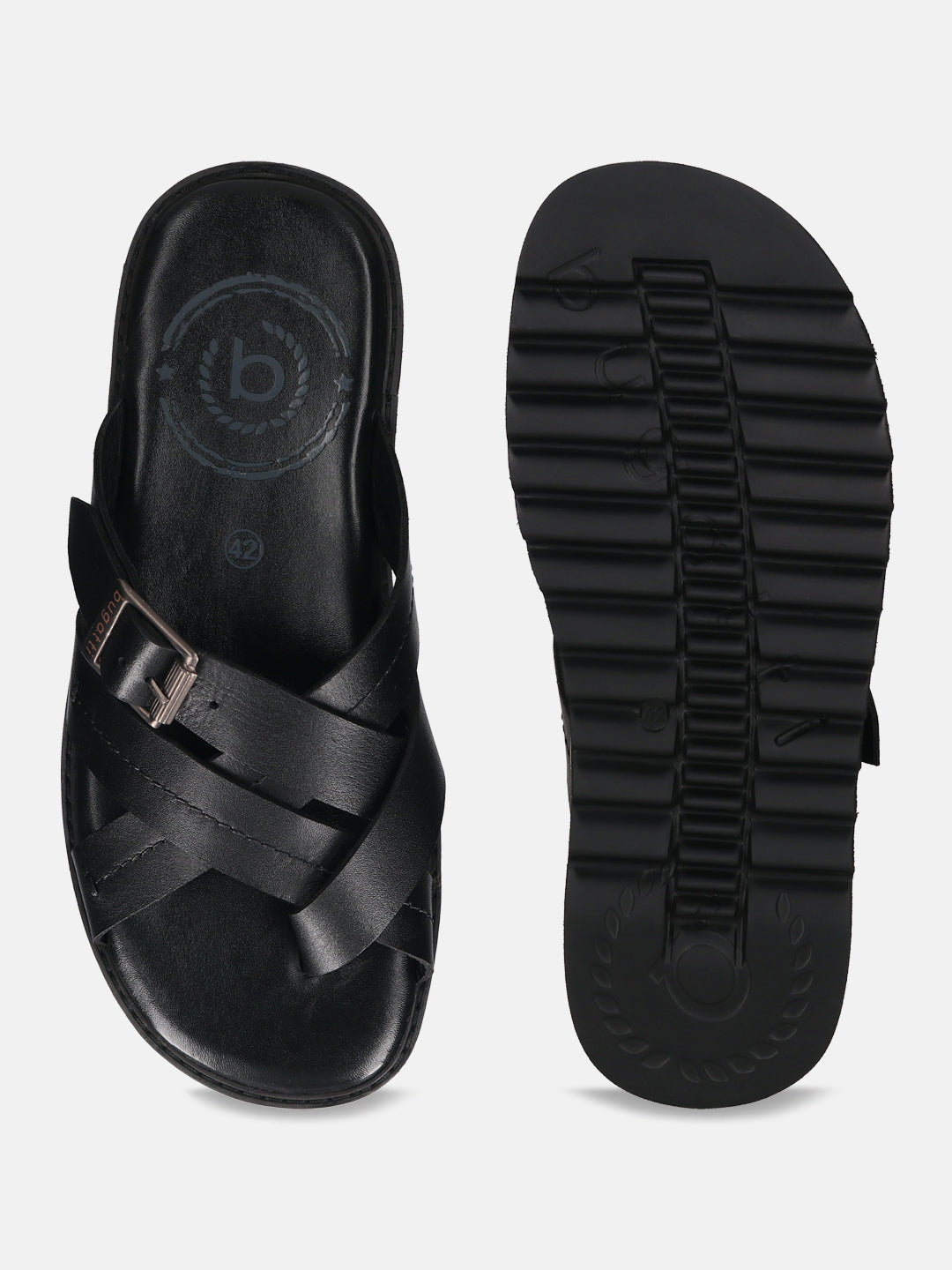 A black Men's bugatti Cross Strap Sandals featuring a open toe plain toe, zero heels heel, and a wide fit. Made from premium genuine leather with a durable eva outsole, this slip-on design offers both style and comfort.