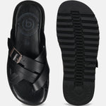 A black Men's bugatti Cross Strap Sandals featuring a open toe plain toe, zero heels heel, and a wide fit. Made from premium genuine leather with a durable eva outsole, this slip-on design offers both style and comfort.
