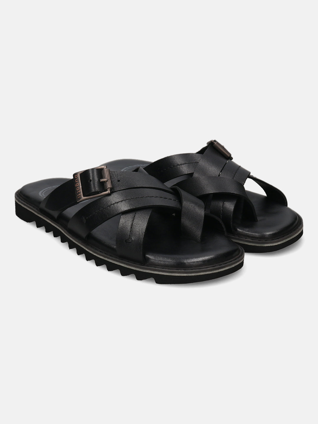 A black Men's bugatti Cross Strap Sandals featuring a open toe plain toe, zero heels heel, and a wide fit. Made from premium genuine leather with a durable eva outsole, this slip-on design offers both style and comfort.