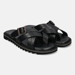 A black Men's bugatti Cross Strap Sandals featuring a open toe plain toe, zero heels heel, and a wide fit. Made from premium genuine leather with a durable eva outsole, this slip-on design offers both style and comfort.
