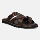 A brown Men's bugatti Cross Strap Sandals featuring a open toe plain toe, zero heels heel, and a wide fit. Made from premium genuine leather with a durable eva outsole, this slip-on design offers both style and comfort.