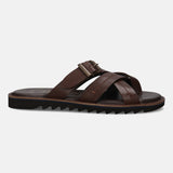A brown Men's bugatti Cross Strap Sandals featuring a open toe plain toe, zero heels heel, and a wide fit. Made from premium genuine leather with a durable eva outsole, this slip-on design offers both style and comfort.