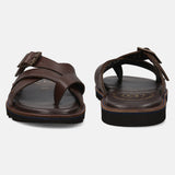 A brown Men's bugatti Cross Strap Sandals featuring a open toe plain toe, zero heels heel, and a wide fit. Made from premium genuine leather with a durable eva outsole, this slip-on design offers both style and comfort.