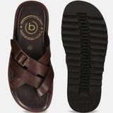 A brown Men's bugatti Cross Strap Sandals featuring a open toe plain toe, zero heels heel, and a wide fit. Made from premium genuine leather with a durable eva outsole, this slip-on design offers both style and comfort.