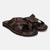 A brown Men's bugatti Cross Strap Sandals featuring a open toe plain toe, zero heels heel, and a wide fit. Made from premium genuine leather with a durable eva outsole, this slip-on design offers both style and comfort.