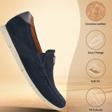 A blue Men's bugatti Casual Loafers featuring a round plain toe, zero heels heel. Made from suede leather with a durable tr outsole, this slip-on design offers both style and comfort.