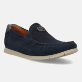 A blue Men's bugatti Casual Loafers featuring a round plain toe, zero heels heel. Made from suede leather with a durable tr outsole, this slip-on design offers both style and comfort.
