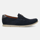 A blue Men's bugatti Casual Loafers featuring a round plain toe, zero heels heel. Made from suede leather with a durable tr outsole, this slip-on design offers both style and comfort.