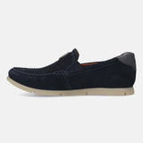 A blue Men's bugatti Casual Loafers featuring a round plain toe, zero heels heel. Made from suede leather with a durable tr outsole, this slip-on design offers both style and comfort.