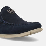 A blue Men's bugatti Casual Loafers featuring a round plain toe, zero heels heel. Made from suede leather with a durable tr outsole, this slip-on design offers both style and comfort.