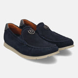 A blue Men's bugatti Casual Loafers featuring a round plain toe, zero heels heel. Made from suede leather with a durable tr outsole, this slip-on design offers both style and comfort.