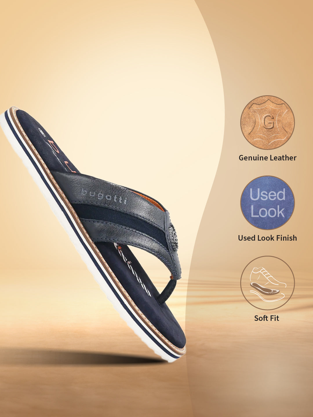 A blue Men's bugatti Thongs featuring a round open toe, zero heels heel, and a wide fit. Made from premium genuine leather with a durable eva outsole, this slip-on design offers both style and comfort.